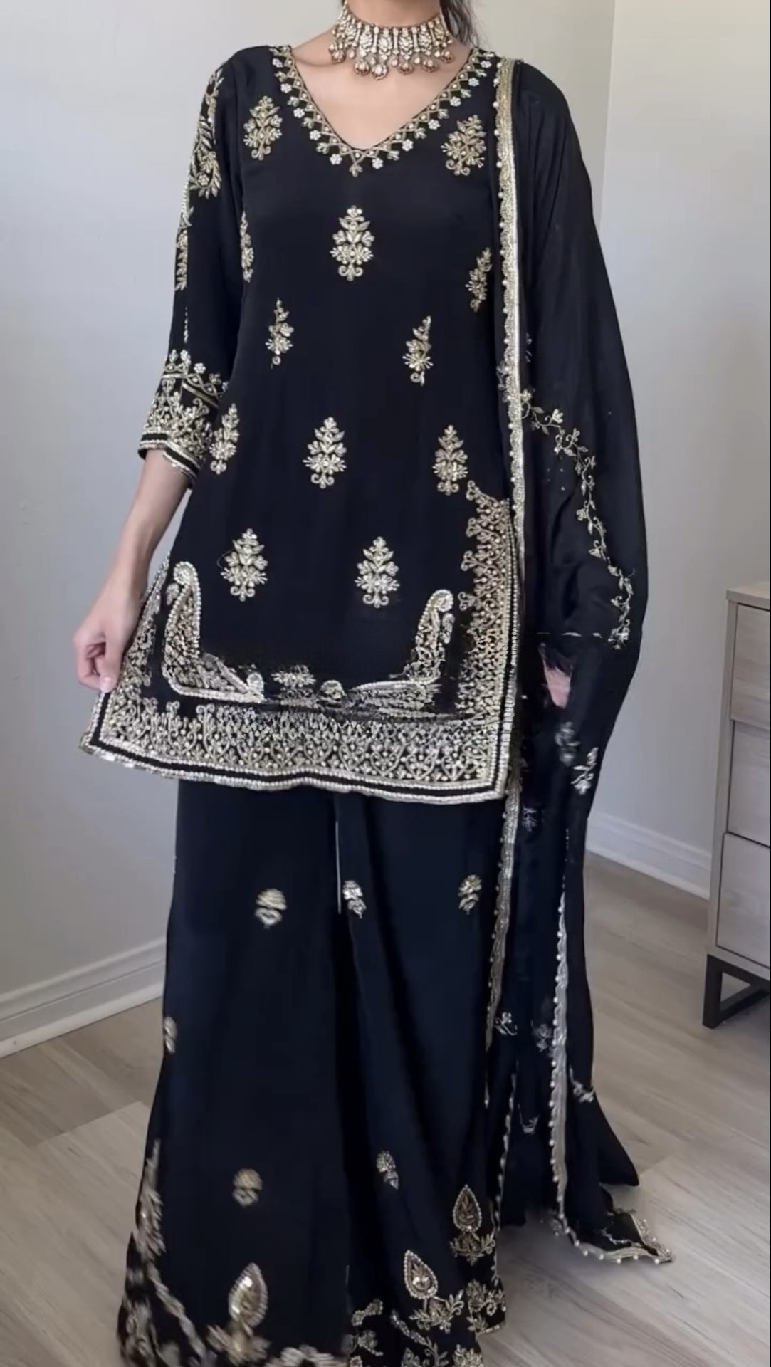 Stylish Embroidered Chinnon Silk Palazzo Set with Dupatta