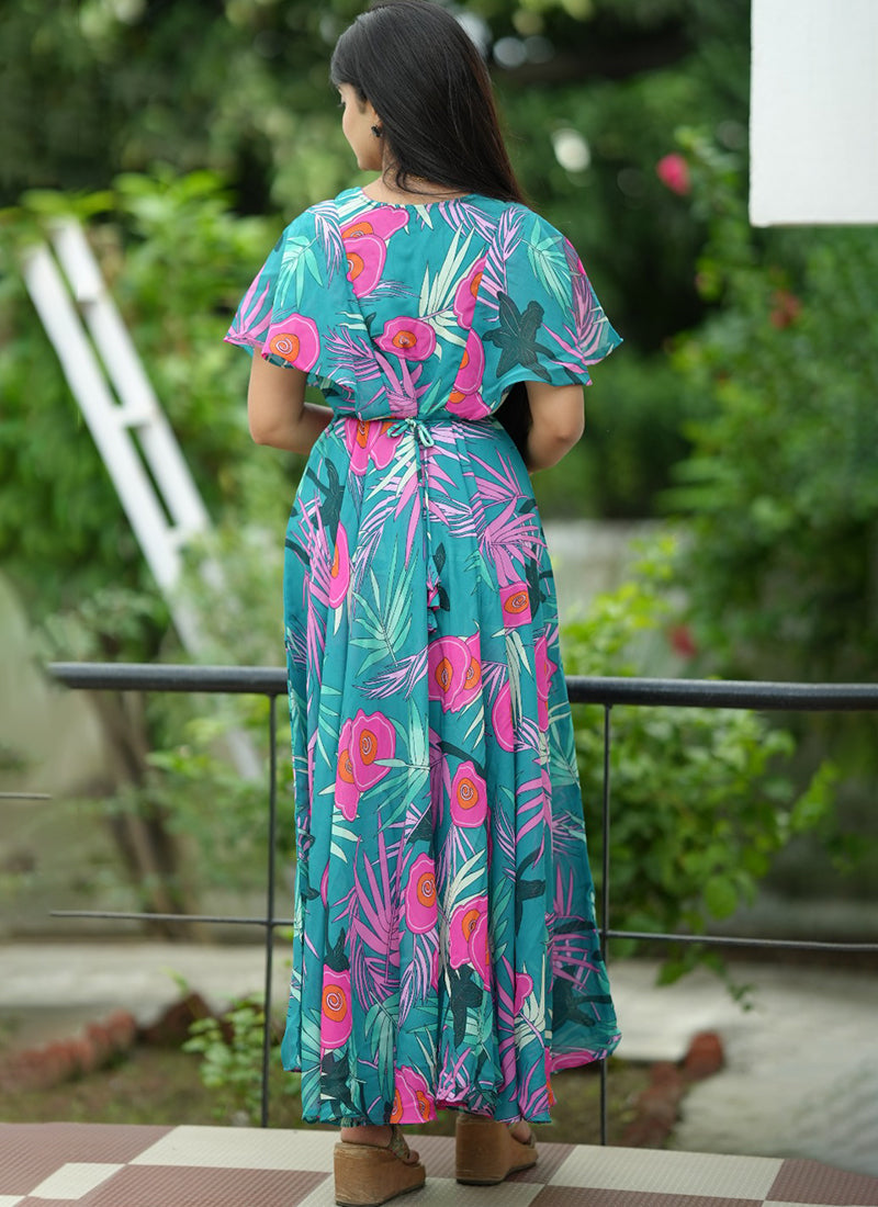 Turquoise Floral Printed Georgette Party Wear Dress