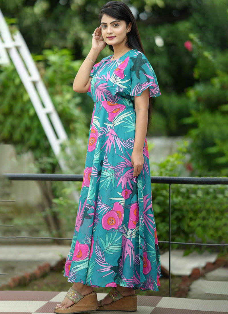 Turquoise Floral Printed Georgette Party Wear Dress