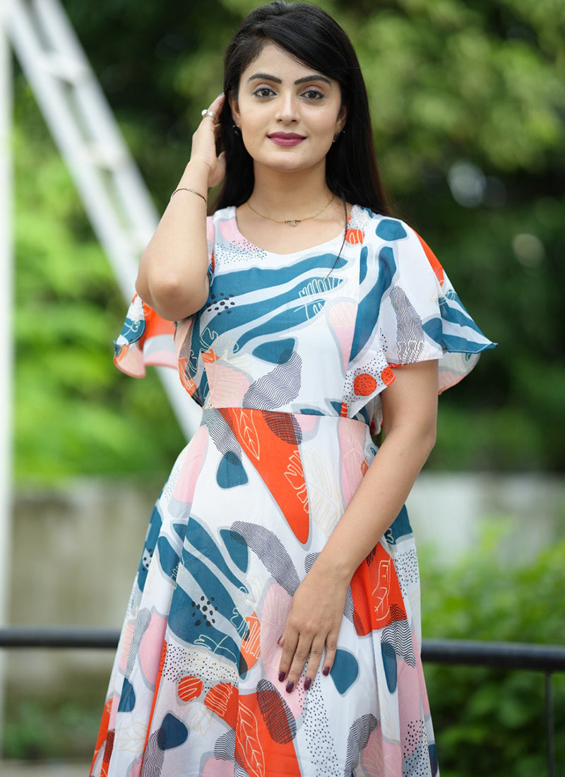 White Georgette Dress With Abstract Print For Party Wear