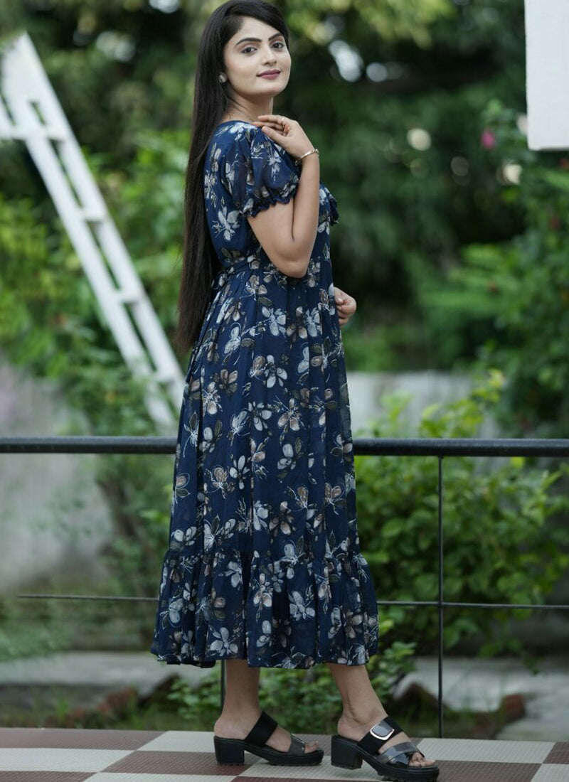 Amusing Royal Blue Floral Printed Georgette Maxi Dress