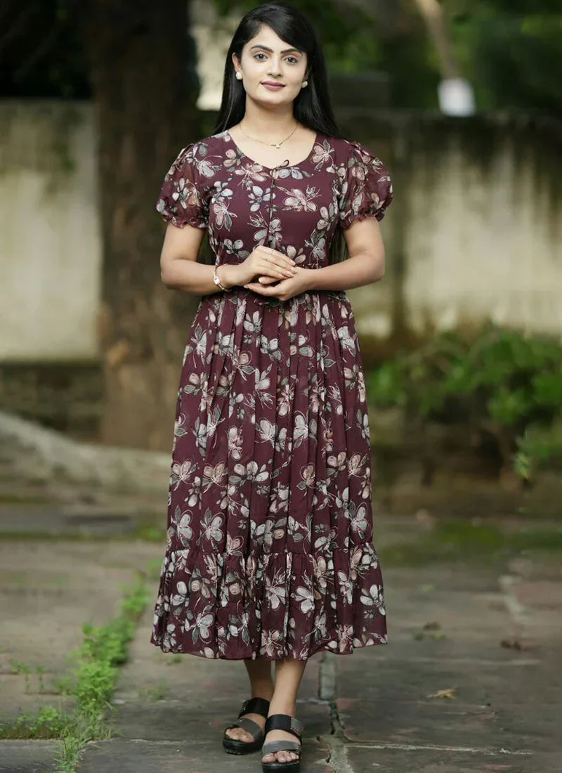 Amusing Royal Blue Floral Printed Georgette Maxi Dress