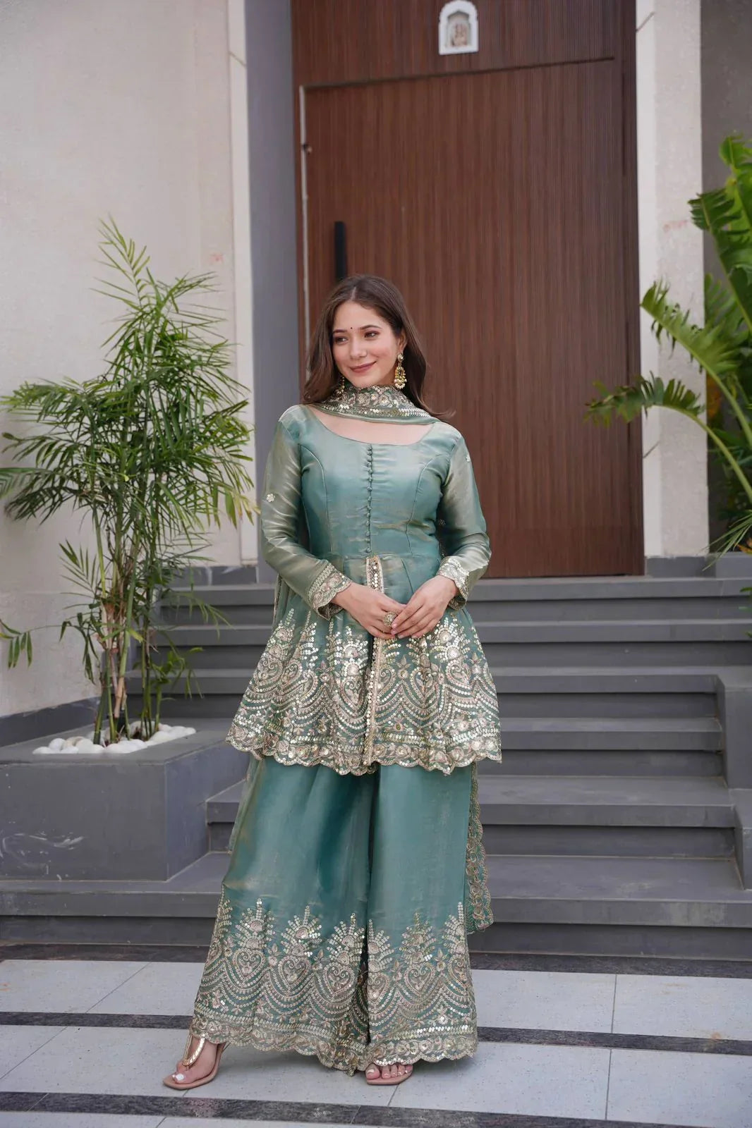 Teal Green Fendy Satin Silk Sharara Set with Mirror Work