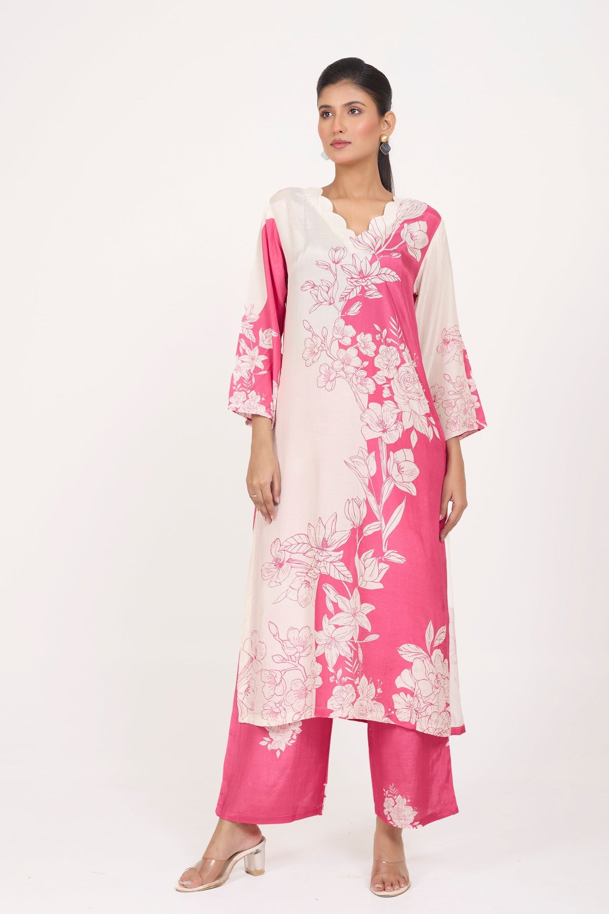 Printed Kurta & Pant - Hand Embroidered - Set of 2 - Ombre Pink - Muslin Silk