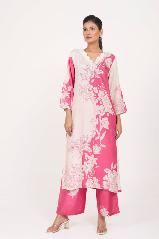 Printed Kurta & Pant - Hand Embroidered - Set of 2 - Ombre Pink - Muslin Silk