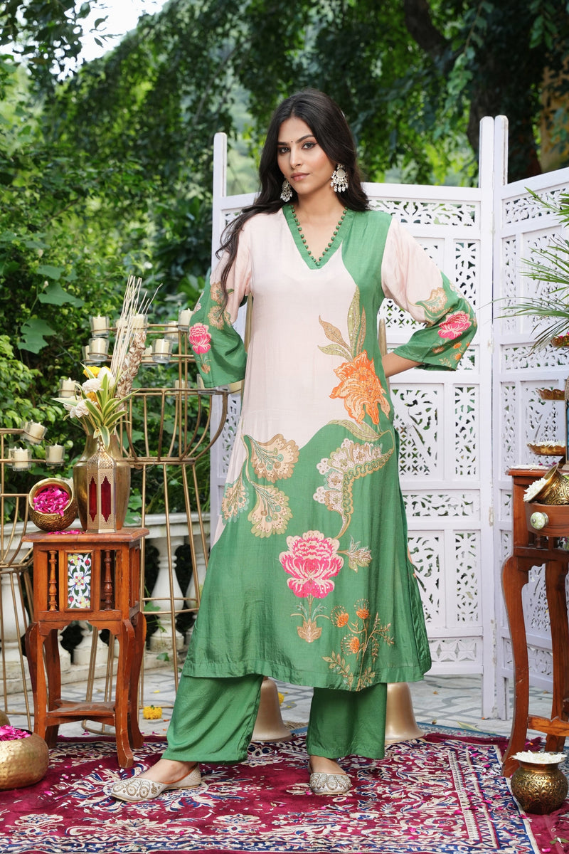Floral Printed Kurta & Pant - Embroidered - Set of 2 - Green - Muslin Silk