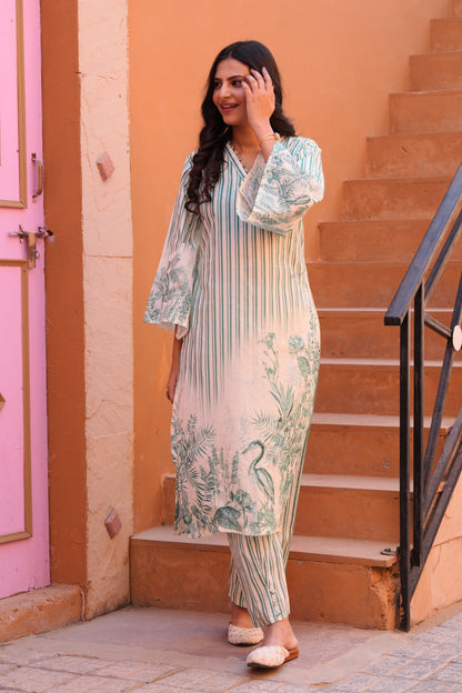 Printed Cotton Kurta & Pant - Hand Embroidered - Set of 2 - White Base