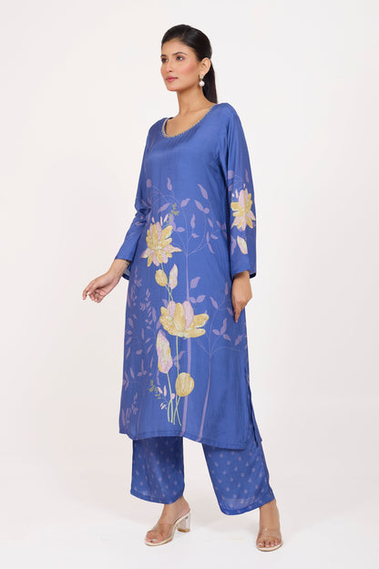 Printed Kurta & Pant - Hand Embroidered - Set of 2 - Blue - Muslin Silk