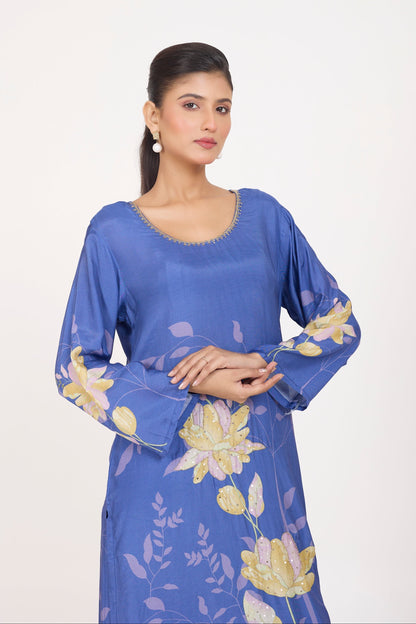 Printed Kurta & Pant - Hand Embroidered - Set of 2 - Blue - Muslin Silk