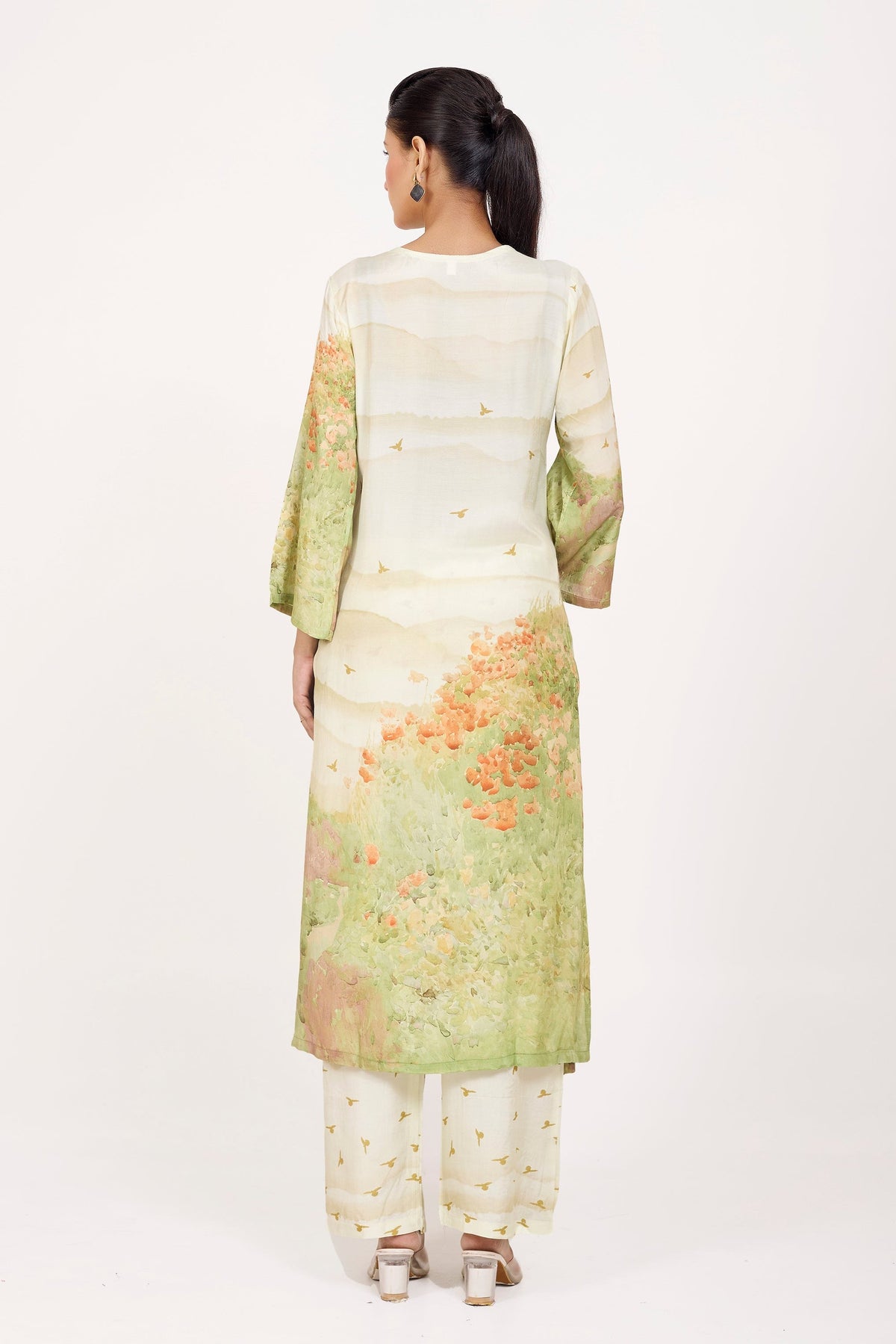 Printed Kurta & Pant - Hand Embroidered - Set of 2 - Off-White - Muslin Silk