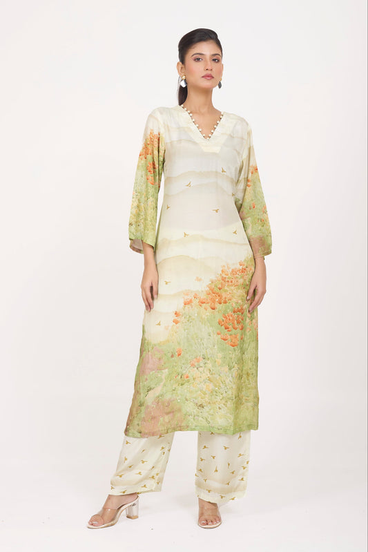Printed Kurta & Pant - Hand Embroidered - Set of 2 - Off-White - Muslin Silk