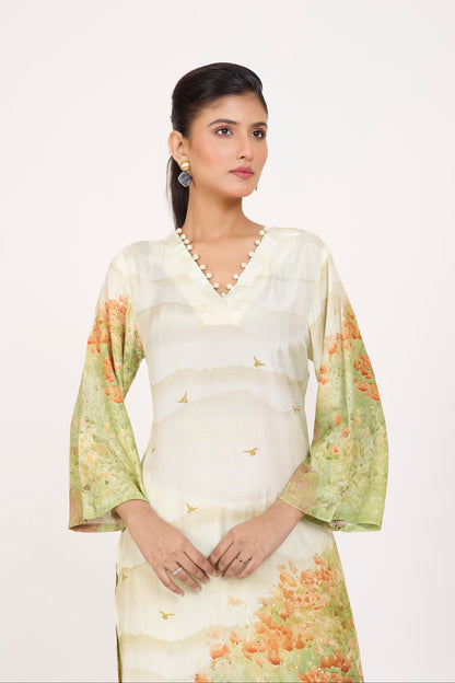 Printed Kurta & Pant - Hand Embroidered - Set of 2 - Off-White - Muslin Silk