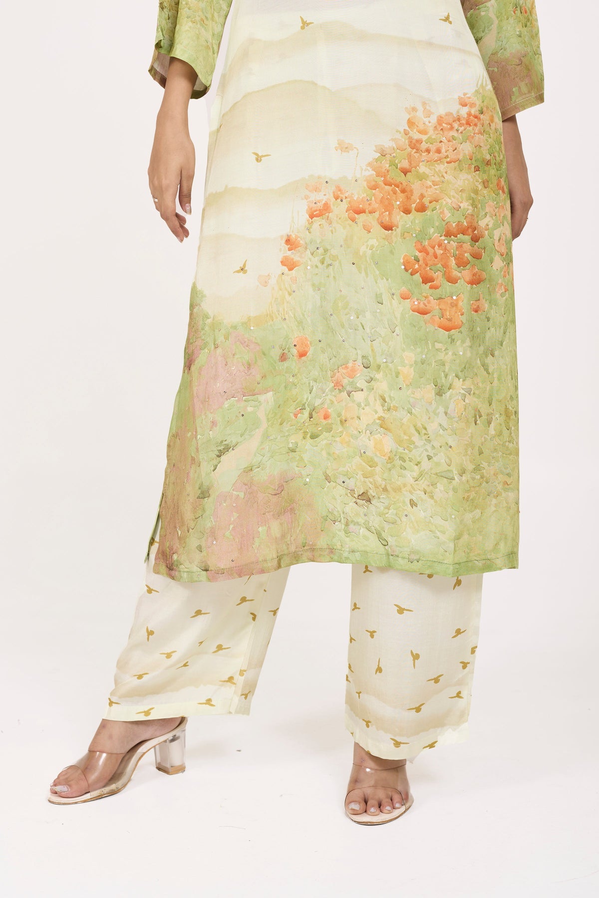 Printed Kurta & Pant - Hand Embroidered - Set of 2 - Off-White - Muslin Silk