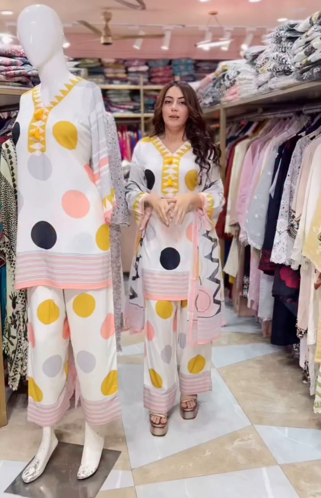 Pink Off White & Black Farshi Salwar Suit