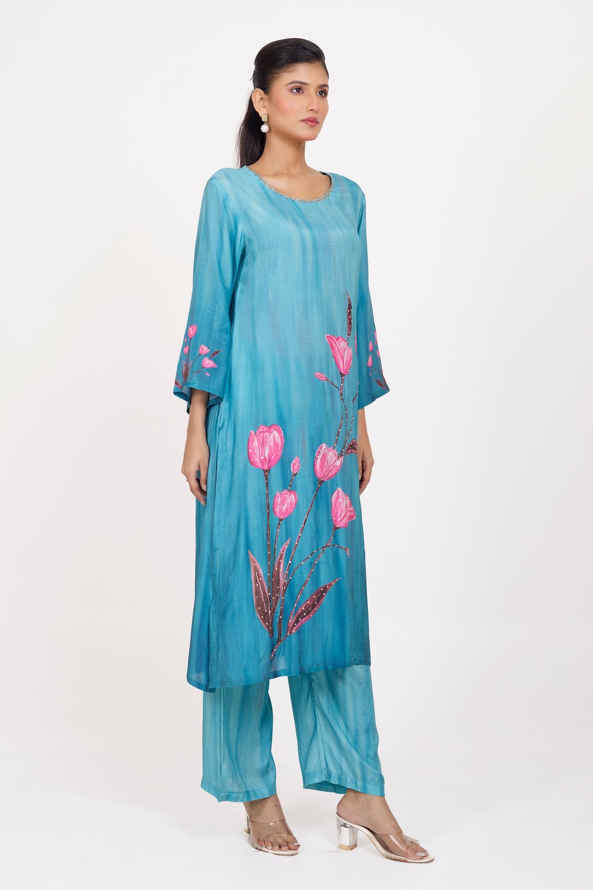Printed Kurta & Pant - Hand Embroidered - Set of 2 - Blue - Muslin Silk