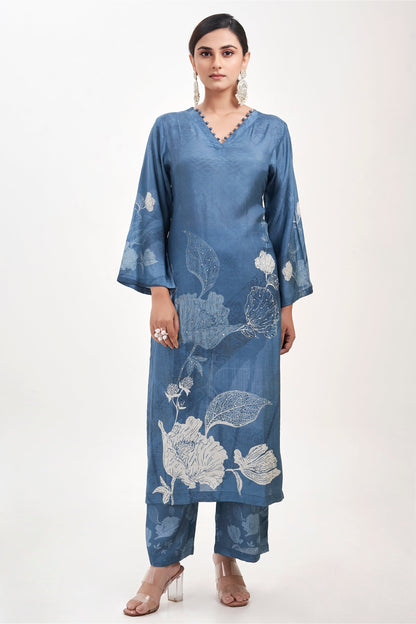 Floral Printed Kurta & Pant - Hand Embroidered - Set of 2 - Blue - Muslin Silk