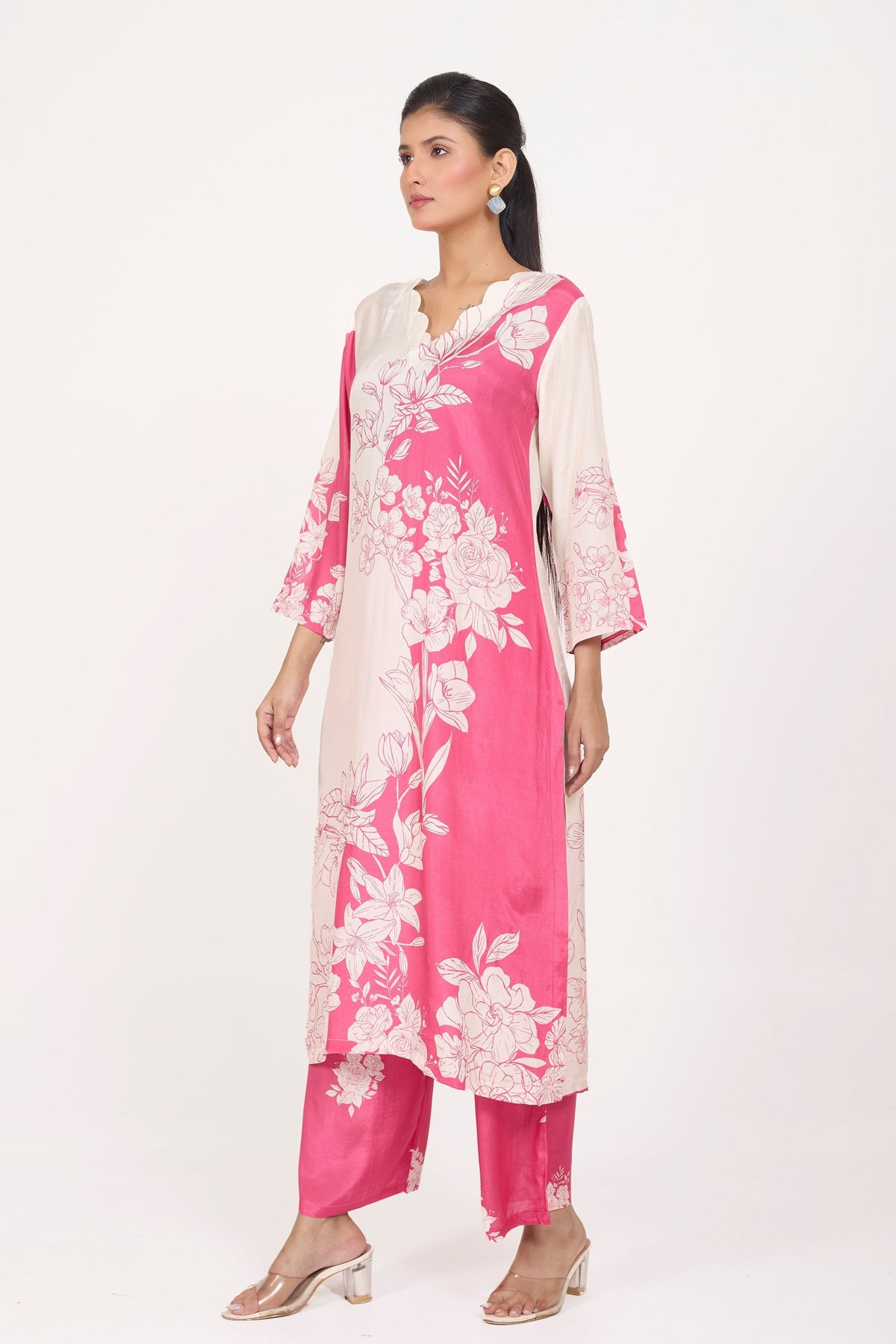Printed Kurta & Pant - Hand Embroidered - Set of 2 - Ombre Pink - Muslin Silk