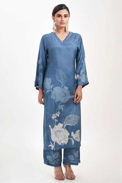 Floral Printed Kurta & Pant - Hand Embroidered - Set of 2 - Blue - Muslin Silk