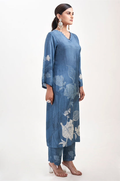 Floral Printed Kurta & Pant - Hand Embroidered - Set of 2 - Blue - Muslin Silk