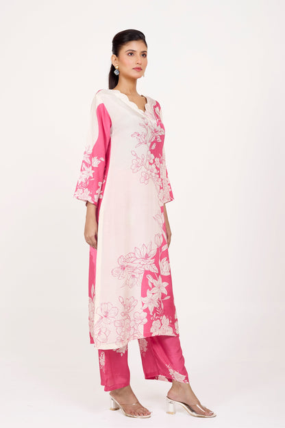 Printed Kurta & Pant - Hand Embroidered - Set of 2 - Ombre Pink - Muslin Silk