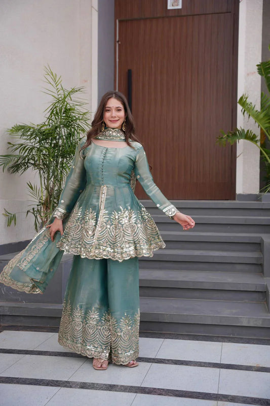 Teal Green Fendy Satin Silk Sharara Set with Mirror Work