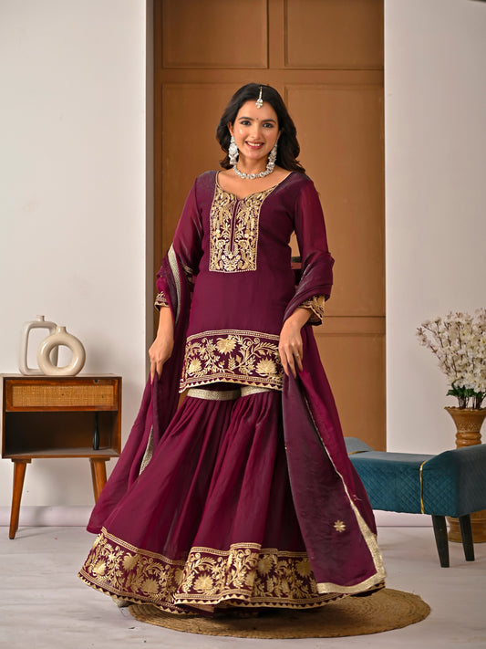 Wine Color Embroidered Fendy Silk Sharara Set | Your Designer Store