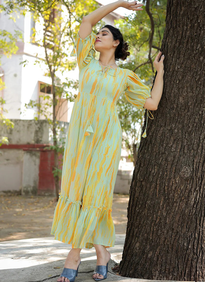 Lemon Yellow Georgette Floral Printed Party Wear Maxi Dress