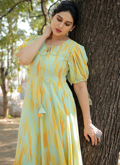 Lemon Yellow Georgette Floral Printed Party Wear Maxi Dress
