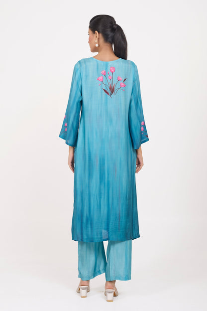Printed Kurta & Pant - Hand Embroidered - Set of 2 - Blue - Muslin Silk