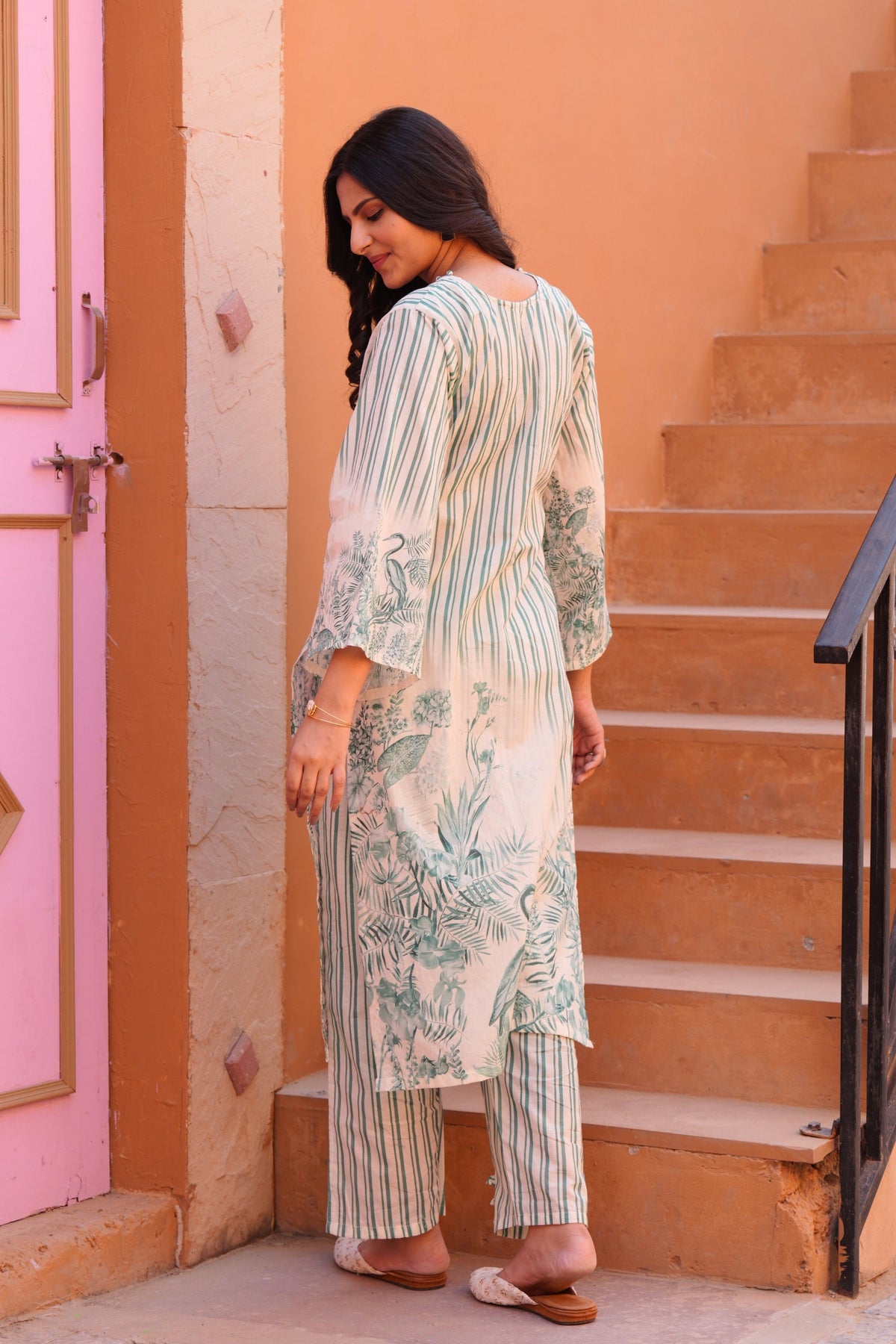 Printed Cotton Kurta & Pant - Hand Embroidered - Set of 2 - White Base
