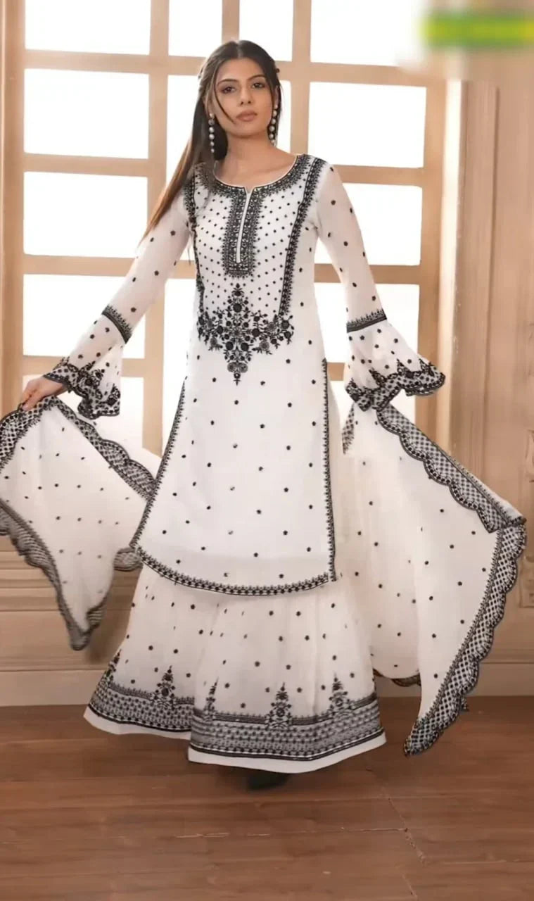 White Heavy Fox Georgette Embroidered Kurta Sharara Set