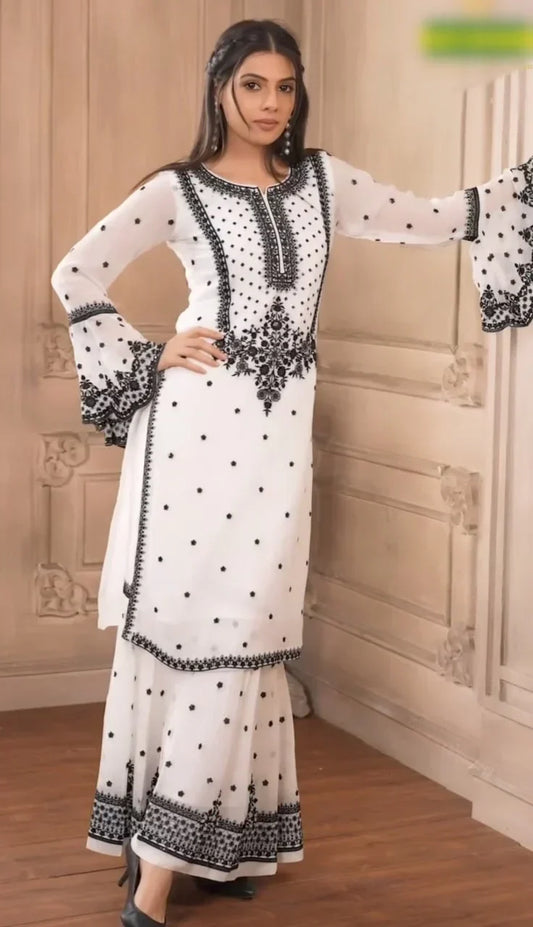 White Heavy Fox Georgette Embroidered Kurta Sharara Set