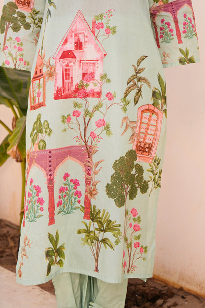 Printed Cotton Kurta & Pant - Hand Embroidered - Set of 2 - Mint Green