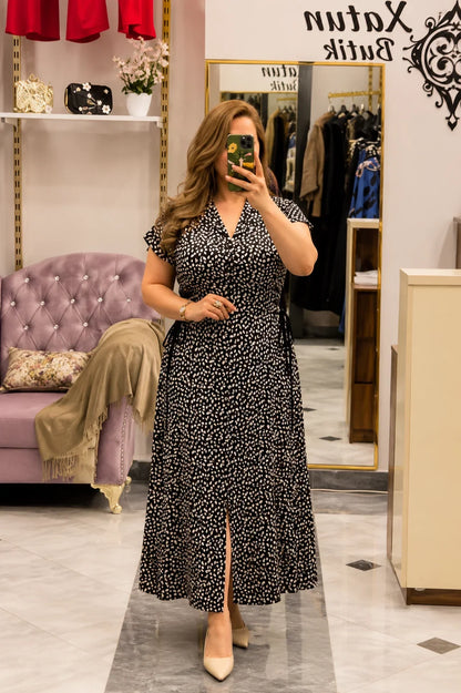 Monochrome Leaf Print Wrap Maxi Dress