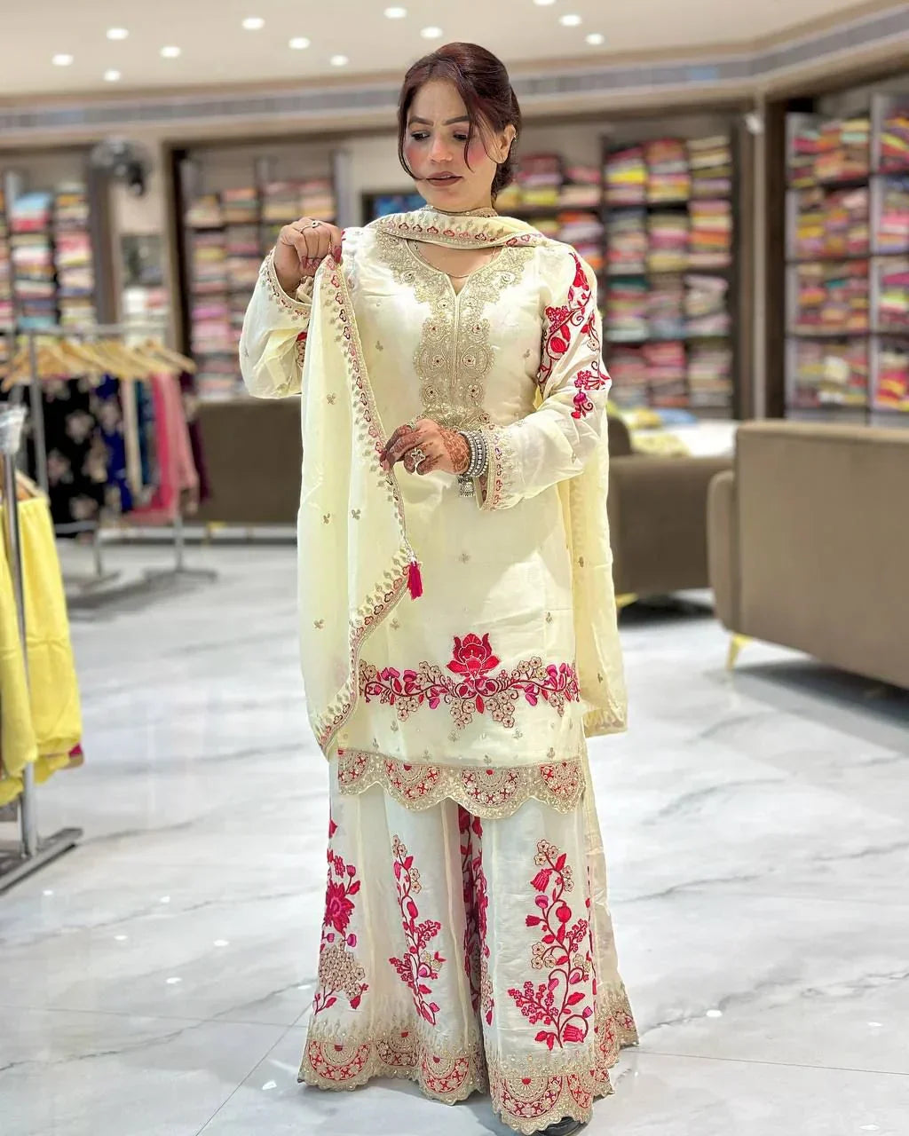 Festive & Wedding Wear White Chinon Silk Sharara Set for Women
