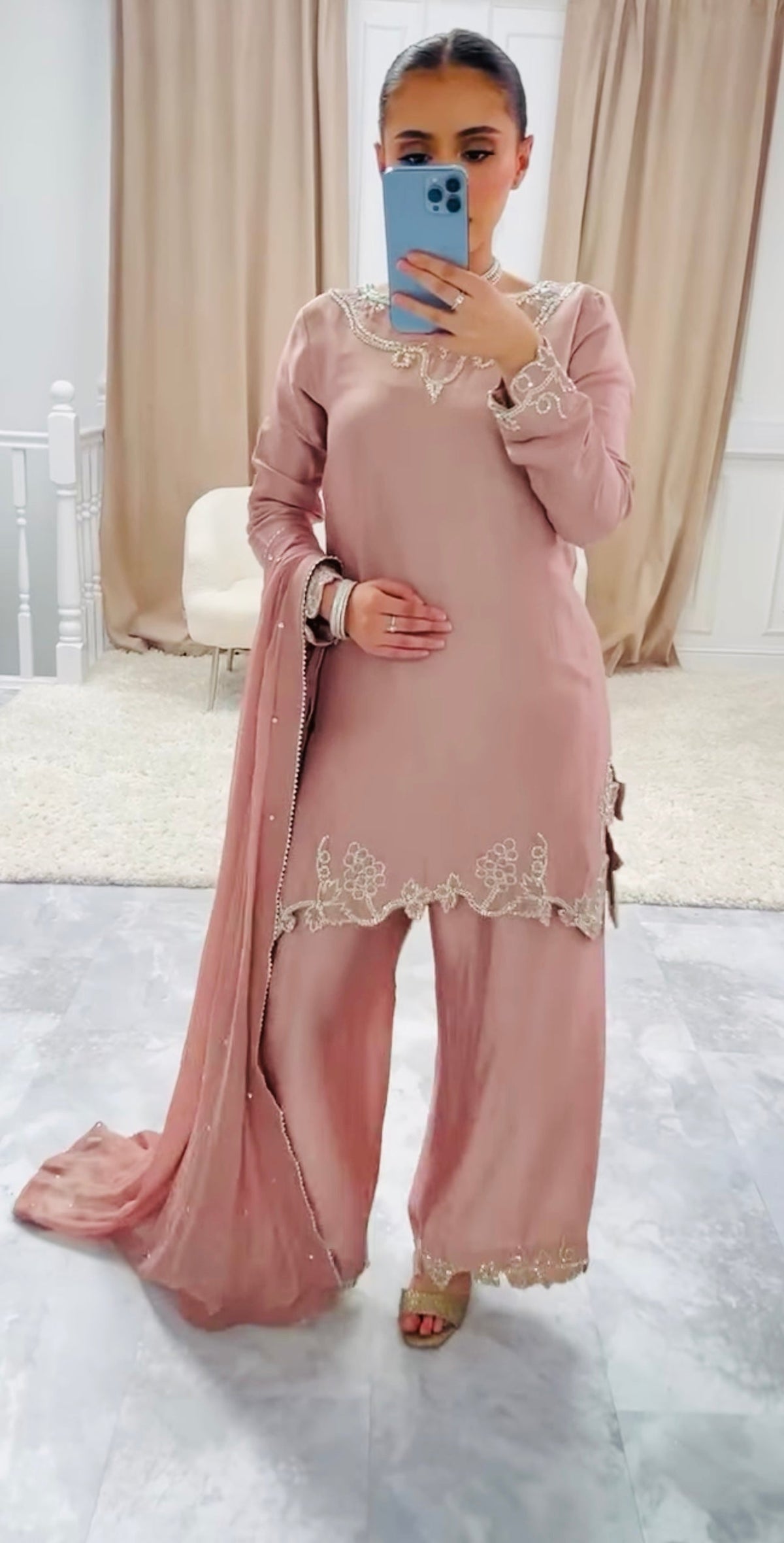 Designer Party Wear Crepe Silk Top with Farshi Salwar & Dupatta