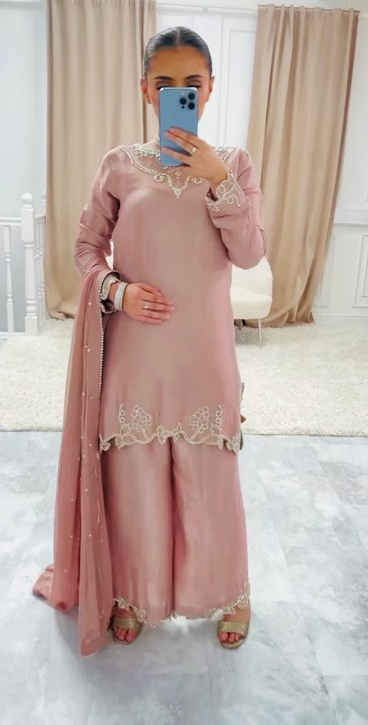 Designer Party Wear Crepe Silk Top with Farshi Salwar & Dupatta