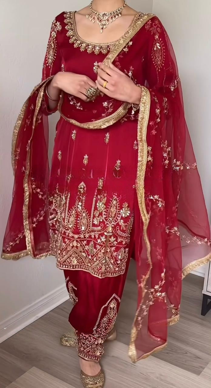 Designer Party Wear Crepe Silk Top, Pant & Dupatta