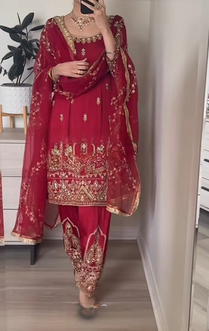 Designer Party Wear Crepe Silk Top, Pant & Dupatta