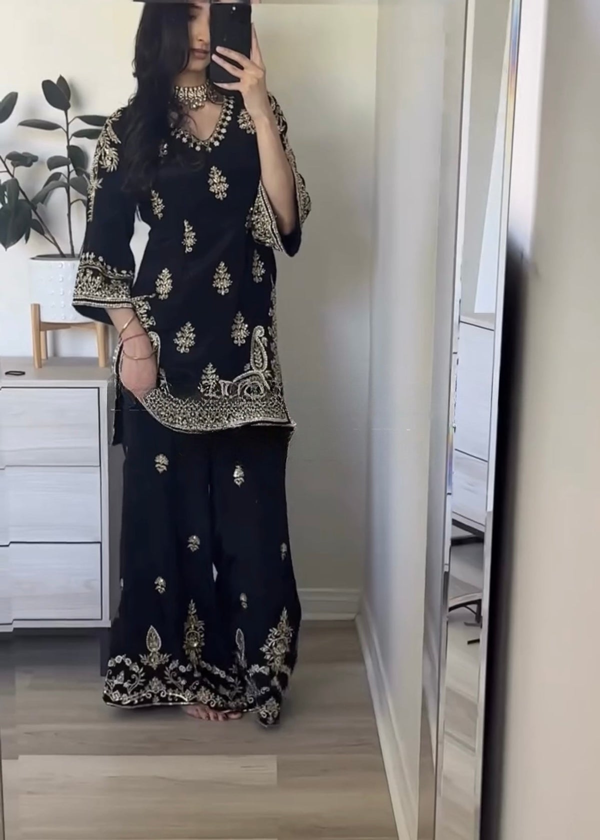 Stylish Embroidered Chinnon Silk Palazzo Set with Dupatta