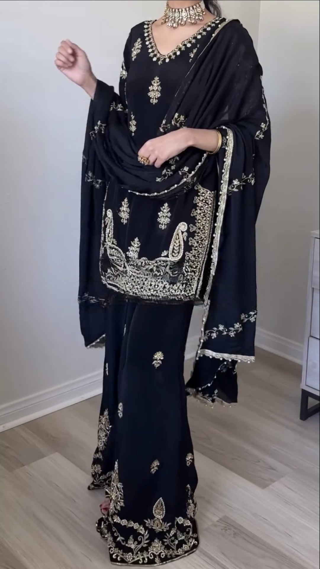 Stylish Embroidered Chinnon Silk Palazzo Set with Dupatta