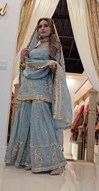 Premium Chinon Silk Embroidered Top with Sharara Plazzo & Dupatta Set