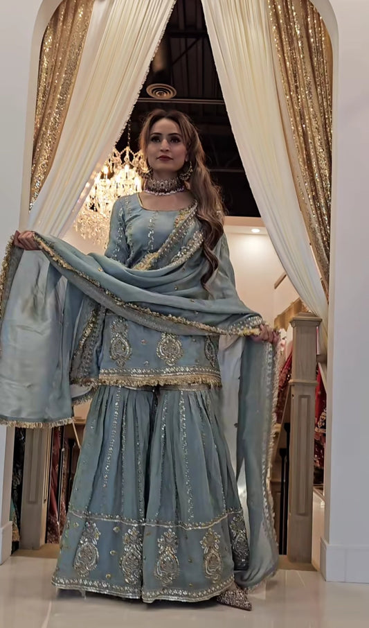 Premium Chinon Silk Embroidered Top with Sharara Plazzo & Dupatta Set