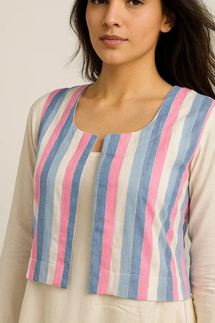 Ivory Cowl Dress with Striped Jacket