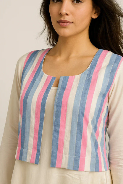 Ivory Cowl Dress with Striped Jacket