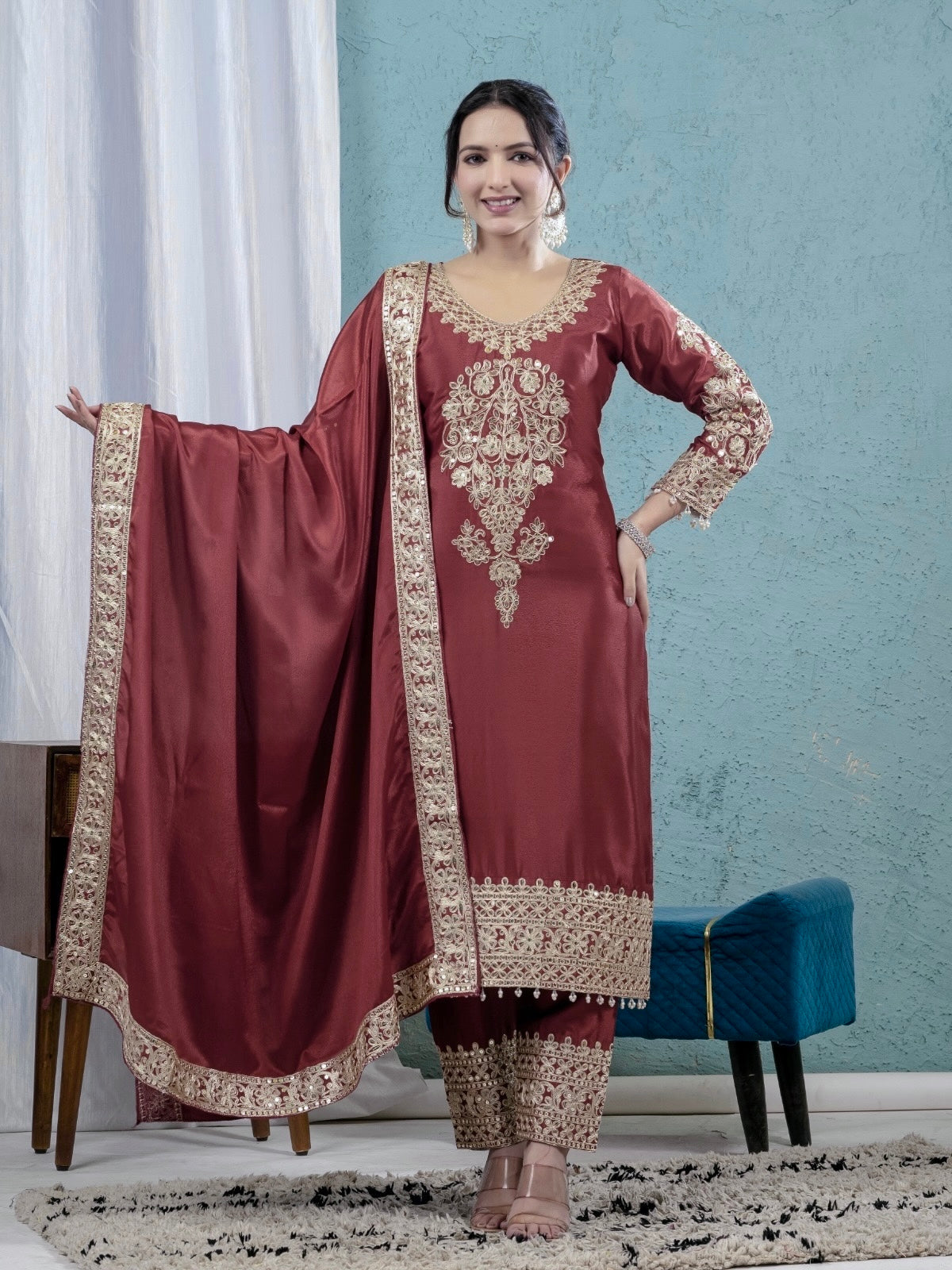 Premium Real Modelling Chinnon Silk Embroidered Suit-ND-5034