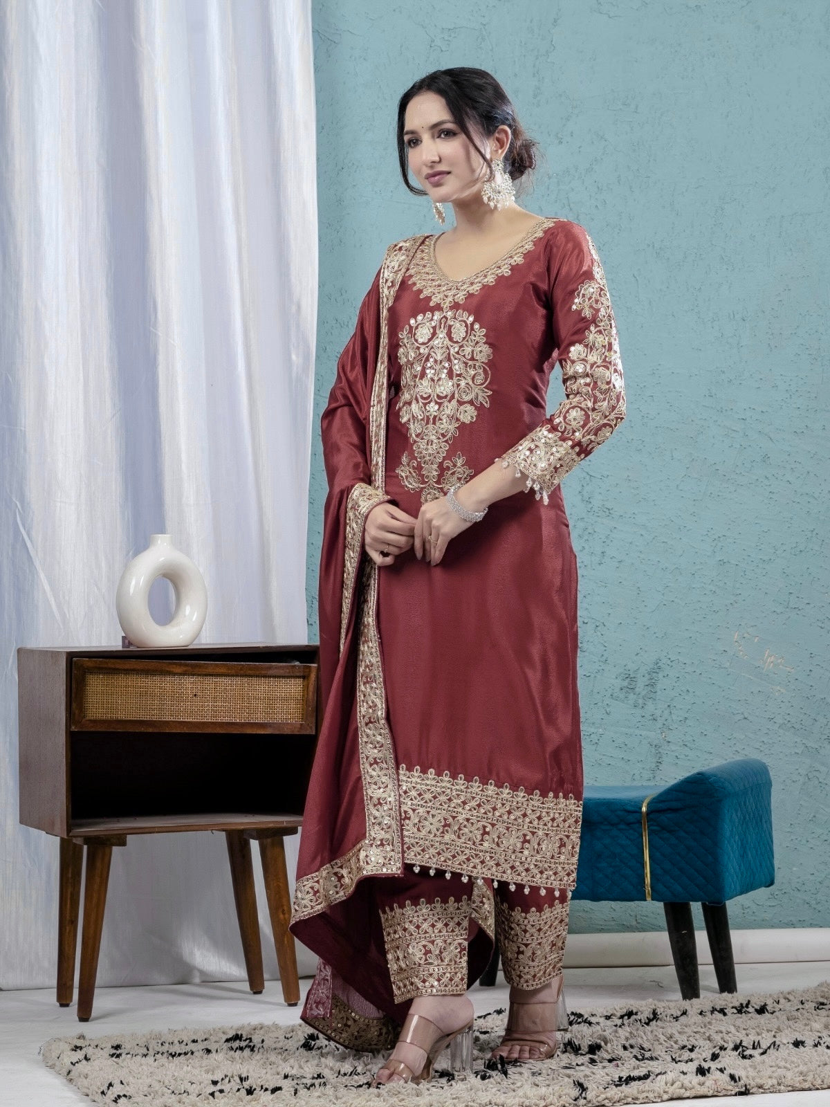 Premium Real Modelling Chinnon Silk Embroidered Suit-ND-5034