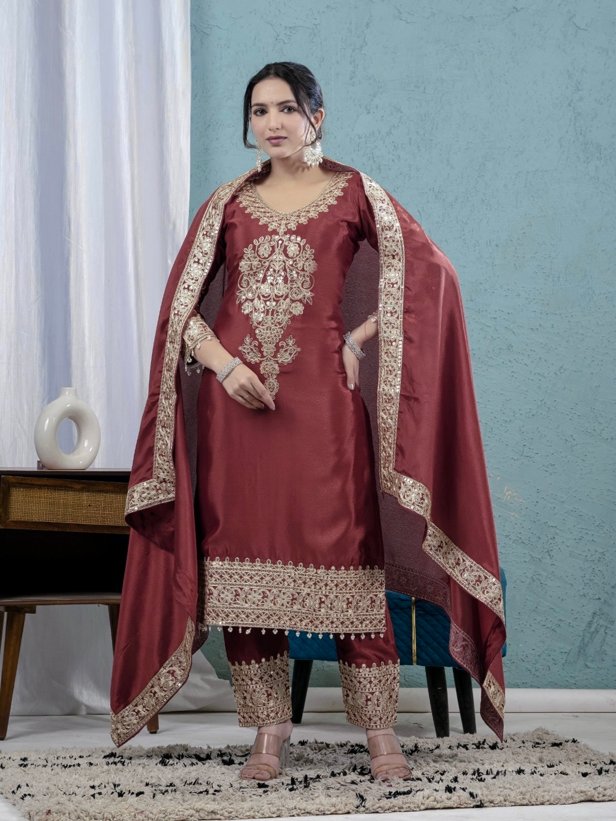 Premium Real Modelling Chinnon Silk Embroidered Suit-ND-5034