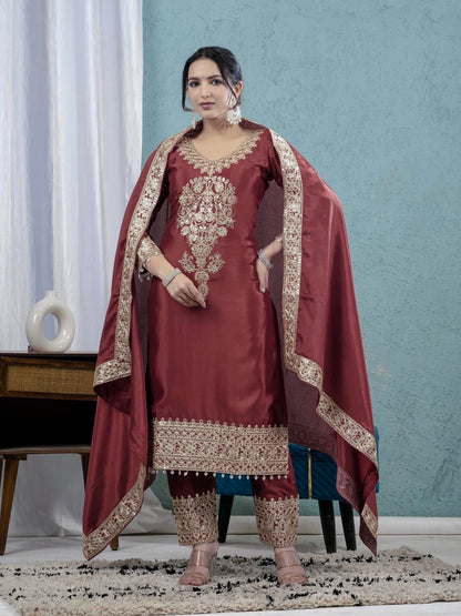 Premium Real Modelling Chinnon Silk Embroidered Suit-ND-5034