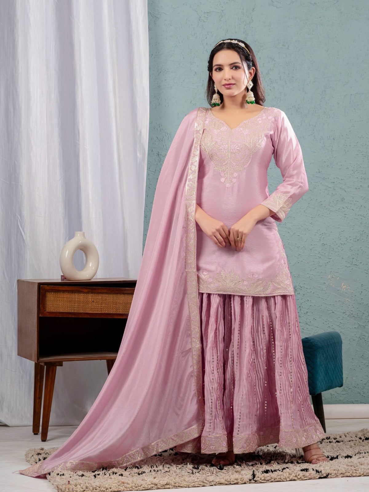 Luxury Partywear Sharara Suit – Chinnon Silk & Sequence Work (ND-5023)
